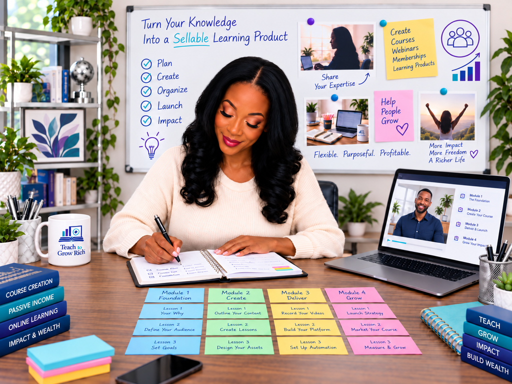Professional planning an online course with a laptop, notebook, and color-coded lesson modules arranged on sticky notes.