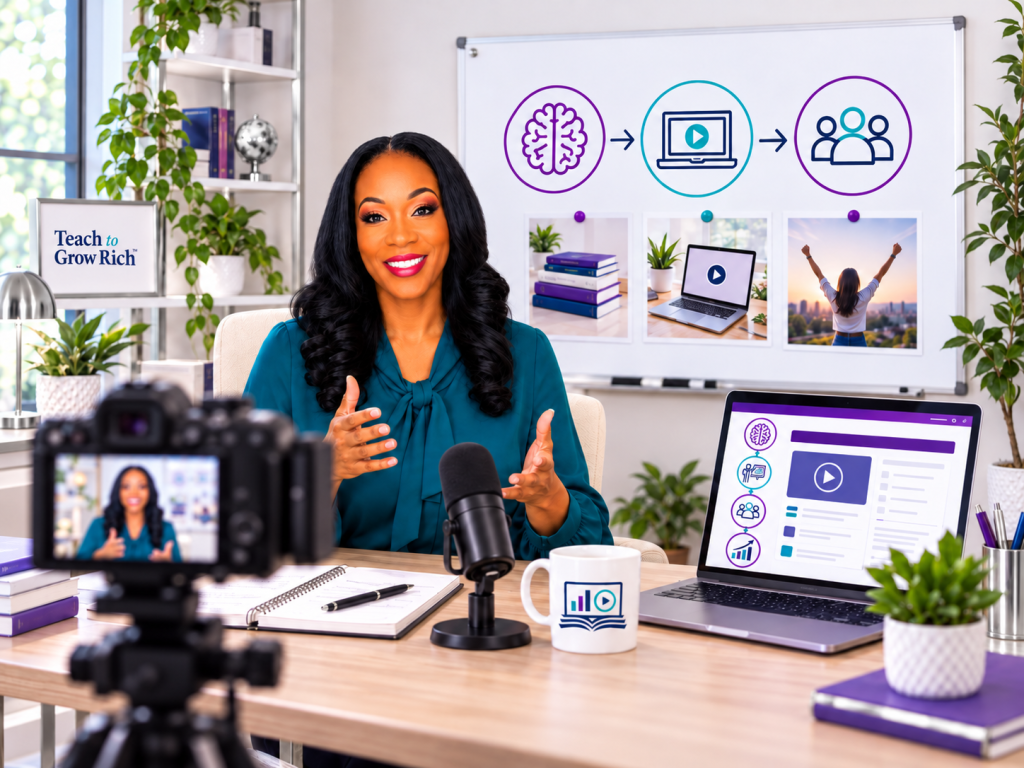 Professional recording an online course from a home office with a camera, microphone, laptop, and lesson notes.